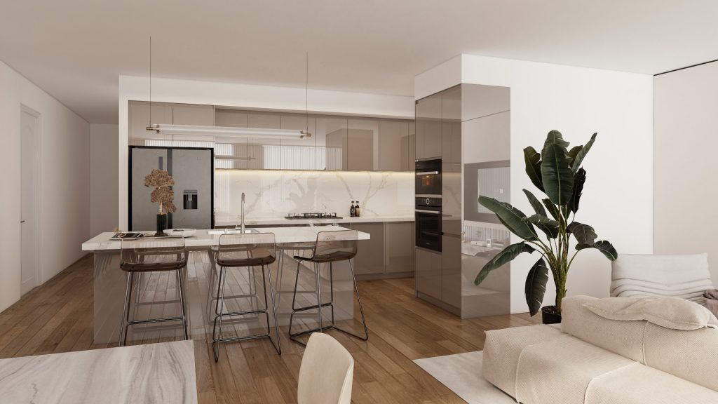 A modern kitchen with medium gray cabinets, marble countertops, and stylish bar stools, offering a practical and low-maintenance design.