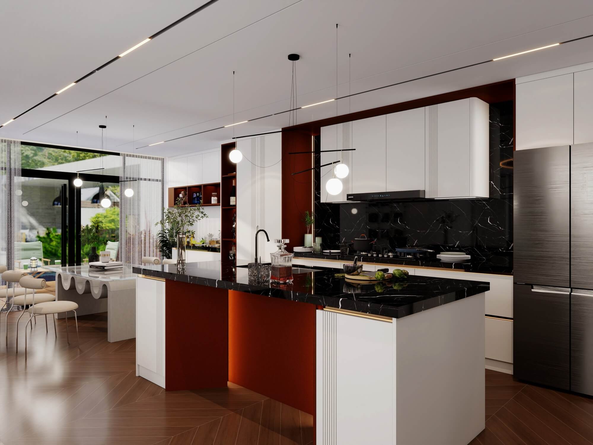 A modern kitchen with ruby red cabinets and black marble countertops, creating a dramatic and sophisticated atmosphere.