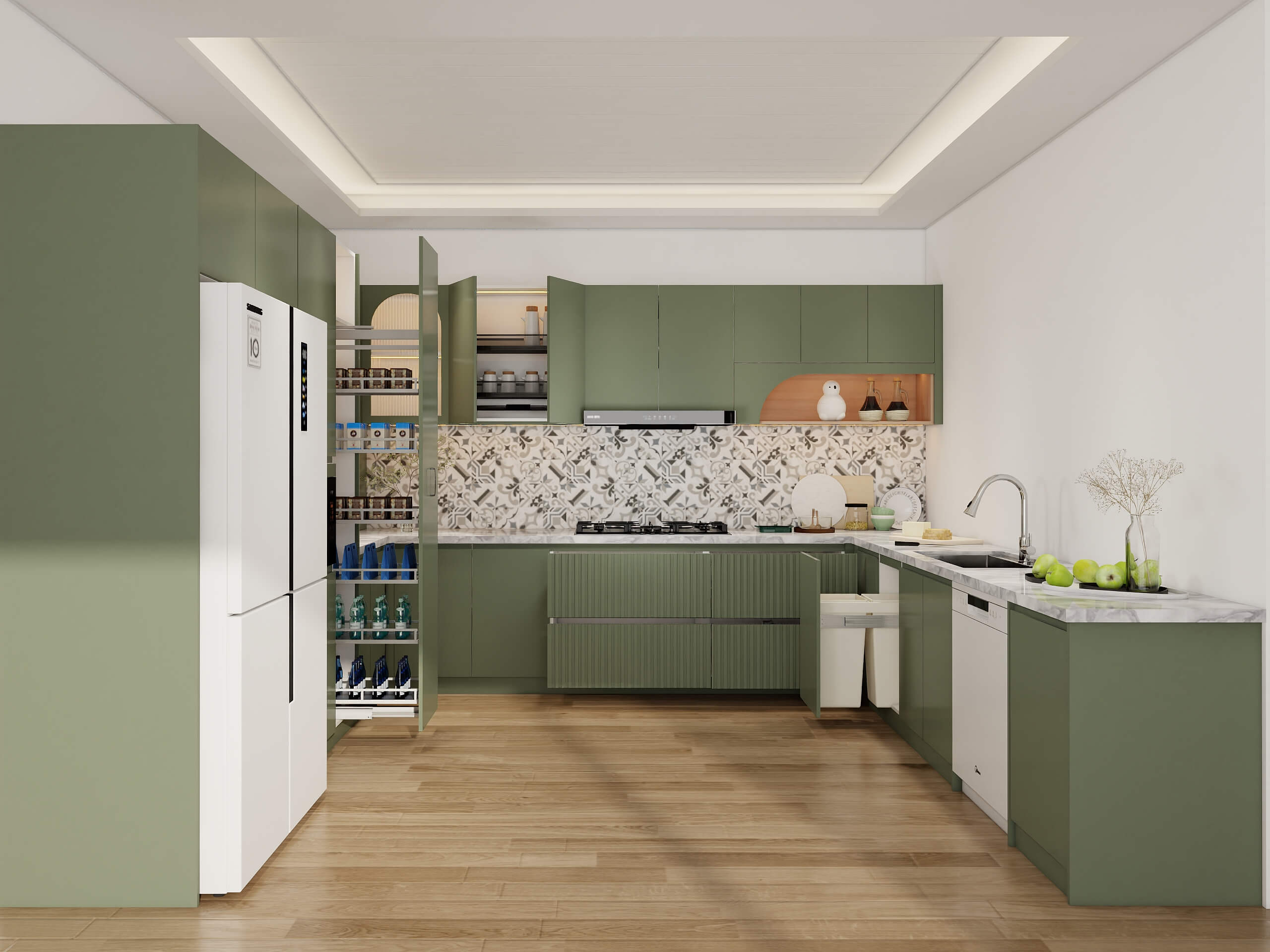 Modern kitchen with sage green cabinets, white marble countertops, and a pantry shelf with organized items.