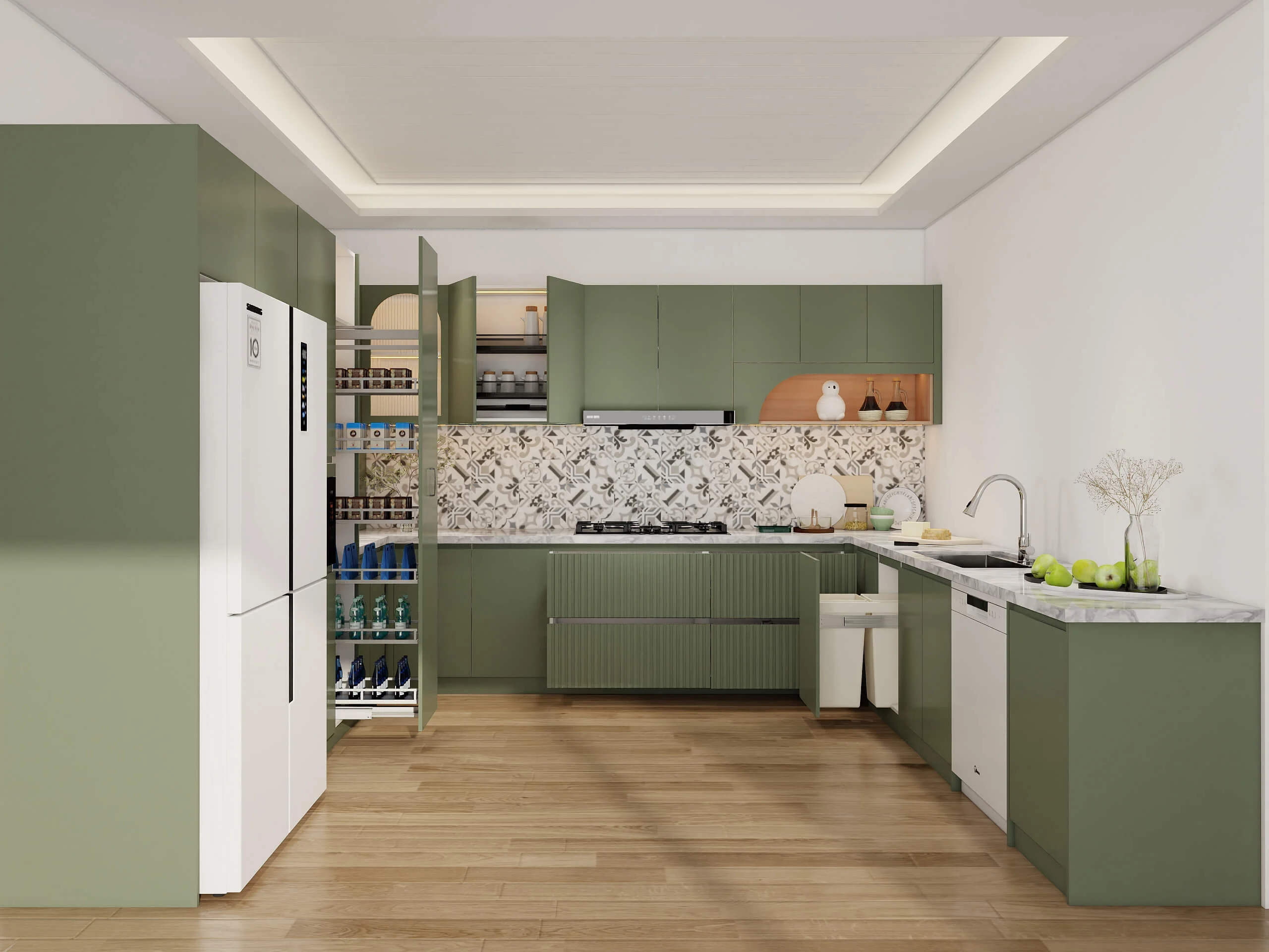 Modern kitchen with sage green cabinets, white marble countertops, and a pantry shelf with organized items.