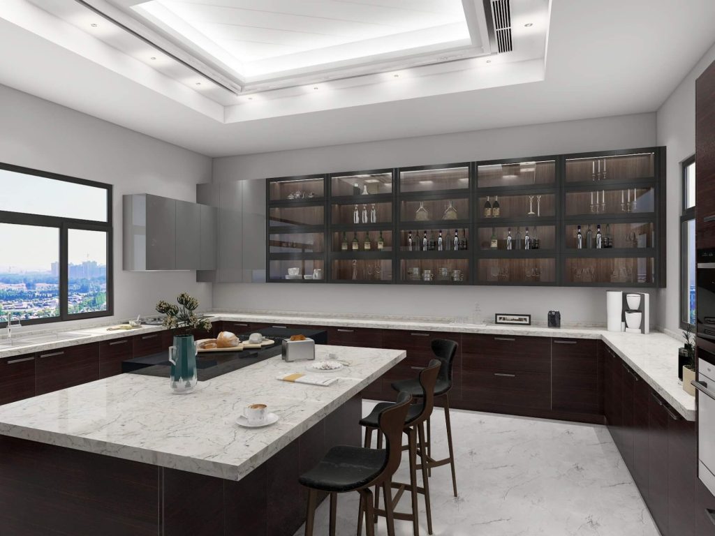 A large kitchen with dark wood cabinets, marble countertops, and modern glass shelving, perfect for bold cabinet colors in spacious kitchens.
