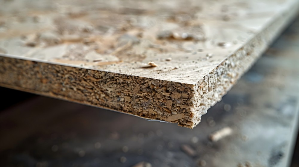 Close-up of standard particle board with lower density construction, basic adhesive systems, and minimal surface protection.