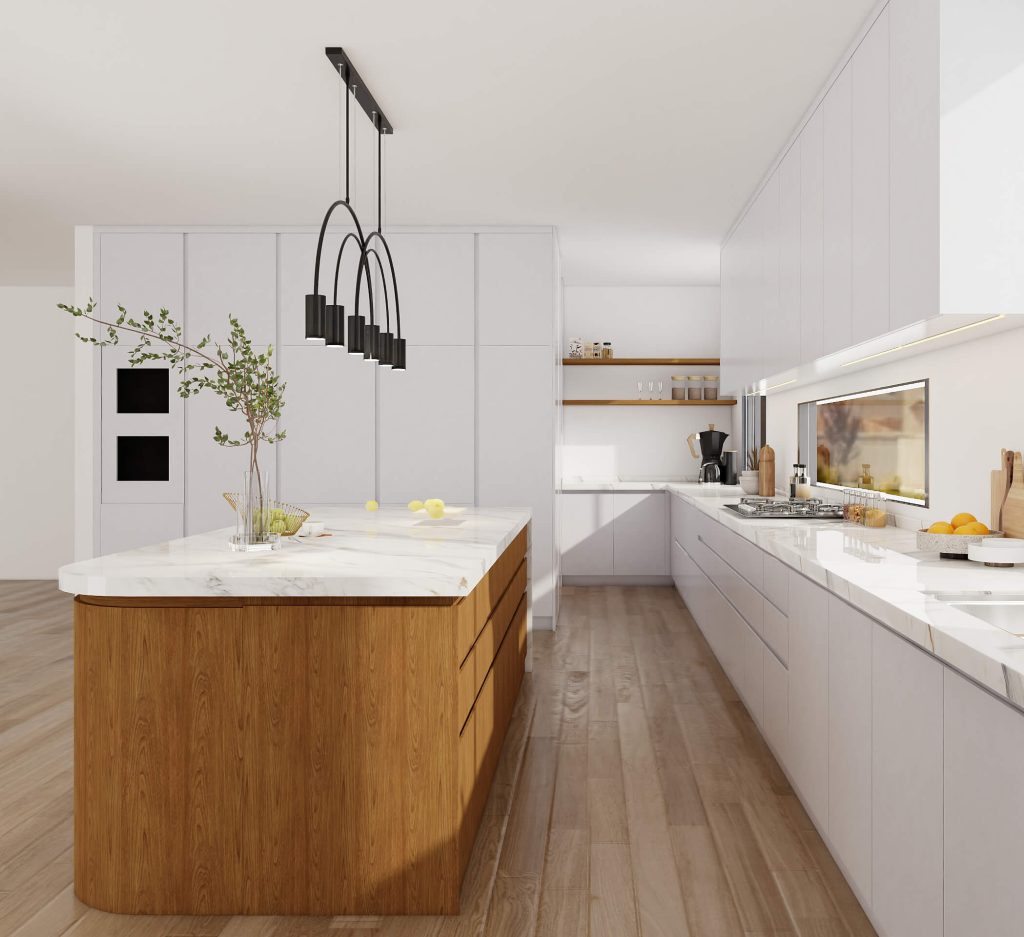Modern kitchen featuring high-density particle board cabinetry with superior dimensional stability, resistant to warping and expansion.