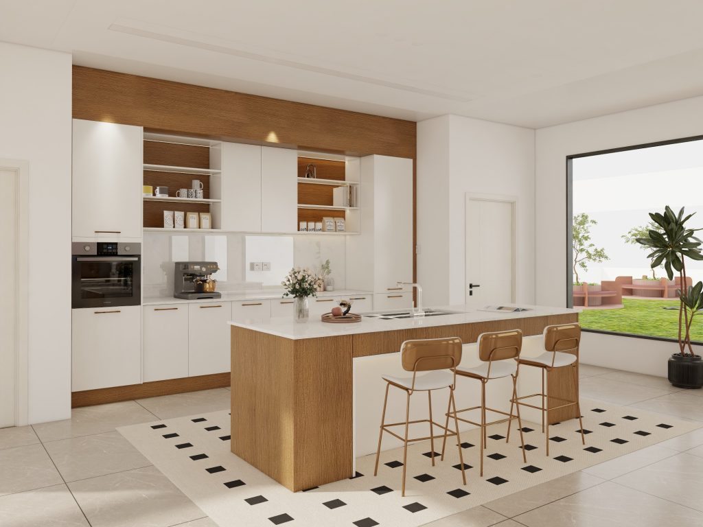 A kitchen with white and wood cabinets, featuring a modern design and offering a perfect example for cabinet color consultation.