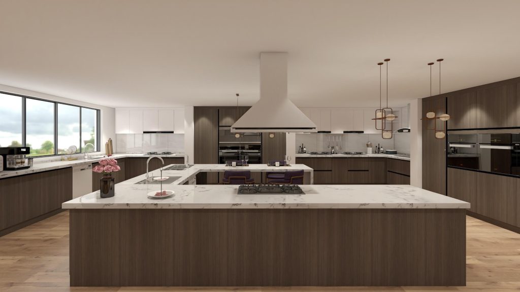 A kitchen with white upper cabinets and dark wood lower cabinets, featuring a marble countertop and modern appliances.