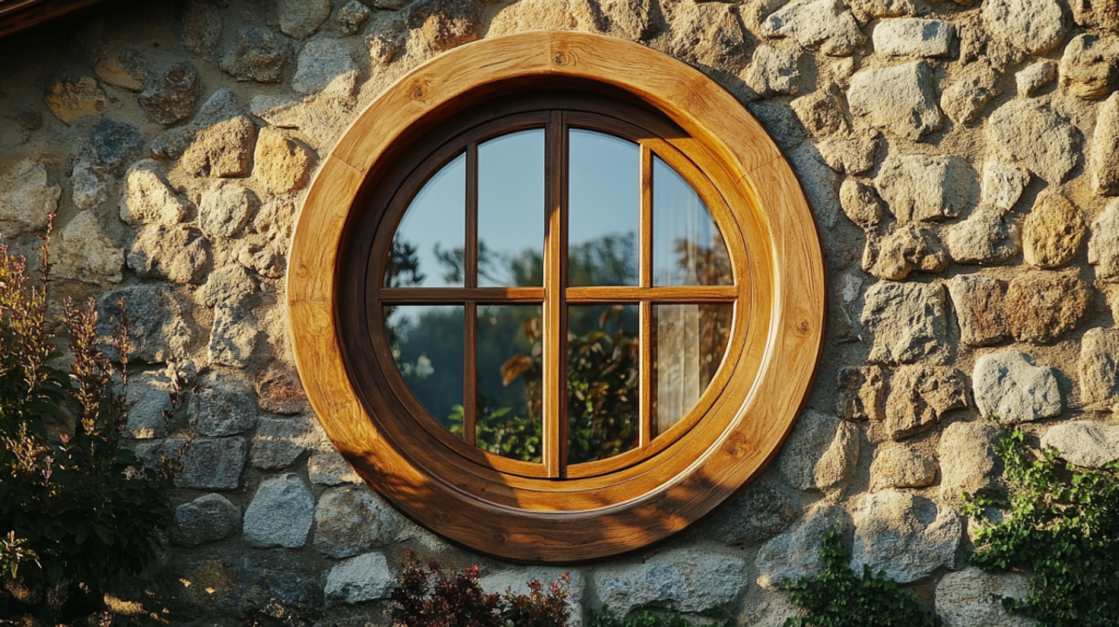 wood-framed round window