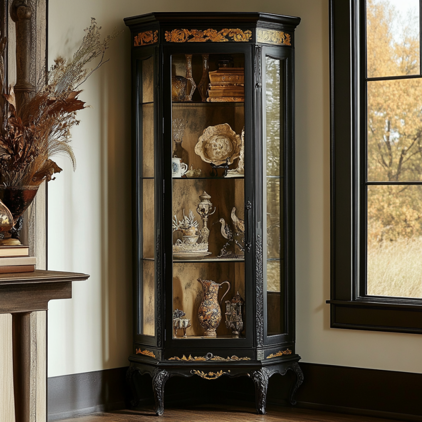 Elegant black corner curio cabinet with glass doors showcasing antique pottery and collectibles