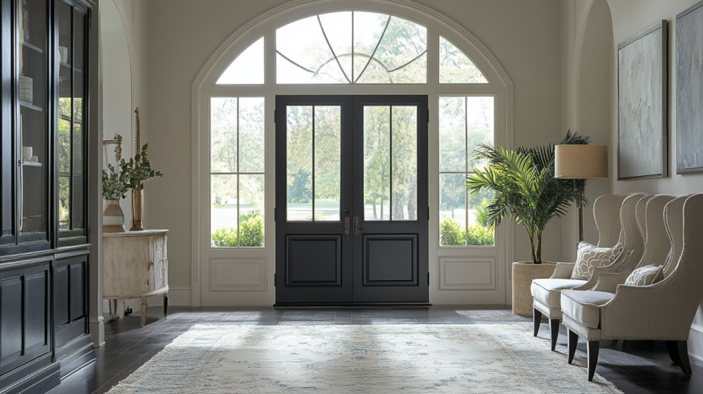 Arched front door with large glass panels, providing natural light and a welcoming entry to the home.