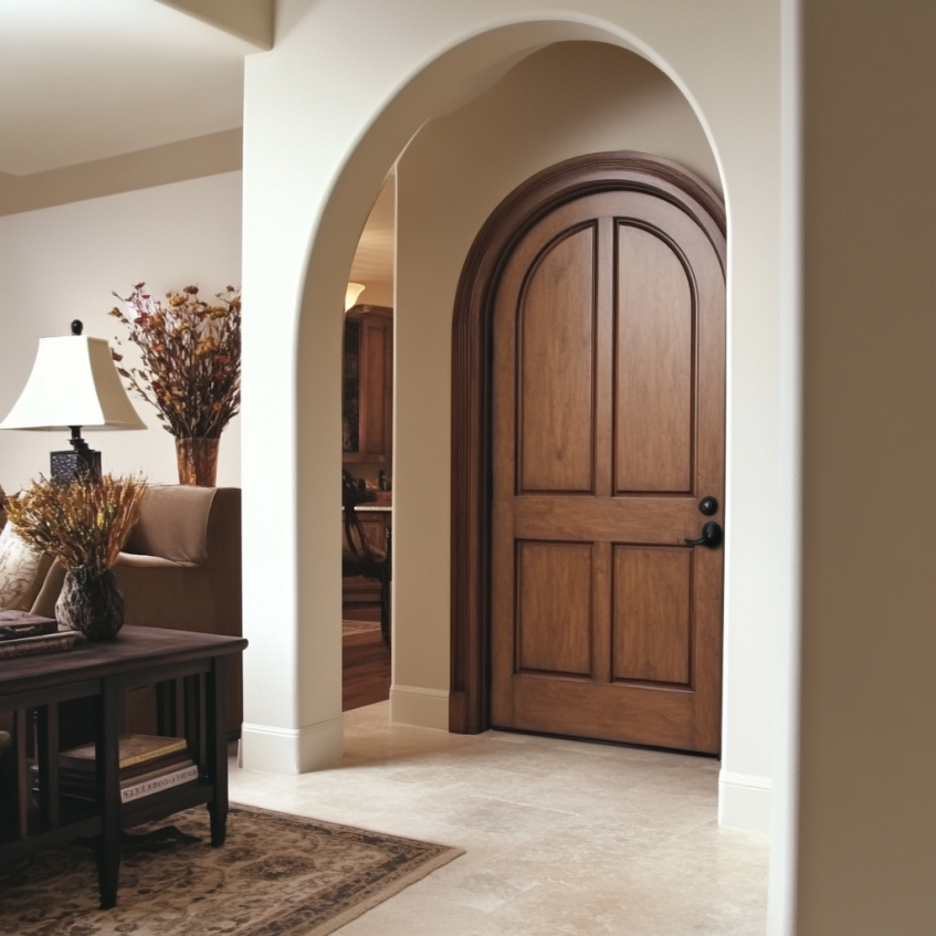 Arched wooden door with a classic design, leading to a well-lit room with warm interior decor.