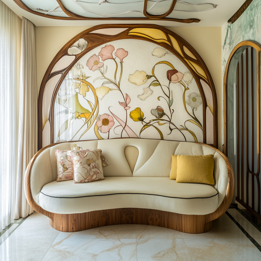 A curved sofa with floral Art Nouveau wall art in a cozy reading corner