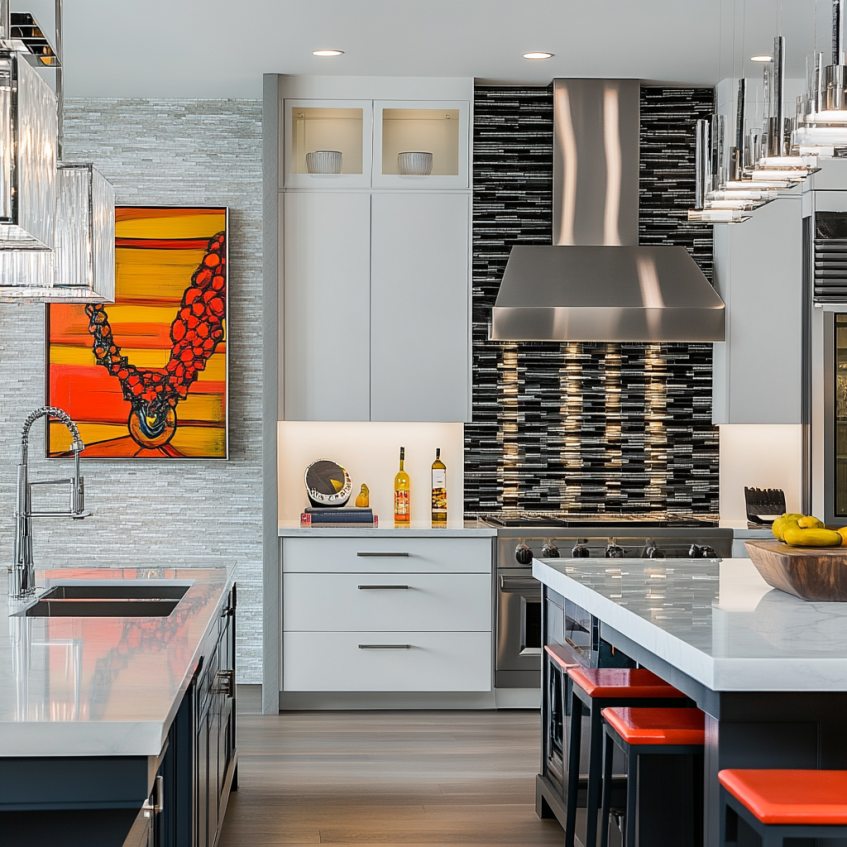 A kitchen that combines modern luxury with artistic flair, featuring black cabinetry, marble countertops, and colorful design elements.