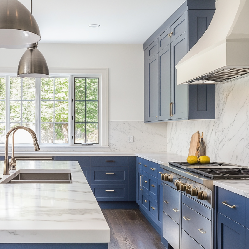 Blue Shaker cabinets with marble countertops and gold hardware, featuring a modern kitchen layout.