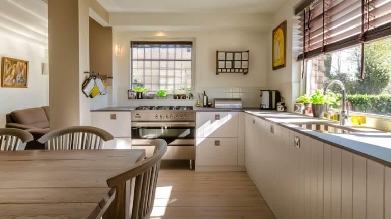 Bright and airy small kitchen with white cabinetry, modern appliances, and a large window bringing in natural light, creating an open and spacious feel.