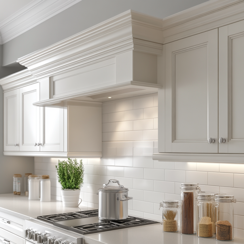 Bright white shaker cabinets with modern brass hardware and minimalistic design.