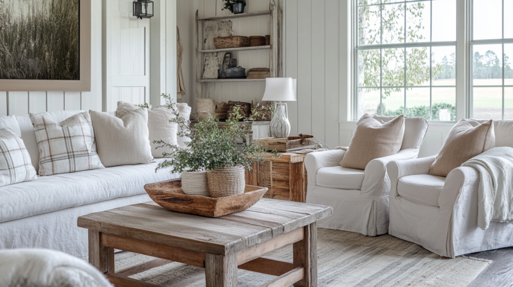 Cozy farmhouse living room with white slipcovered sofas, rustic wood coffee table, and natural light