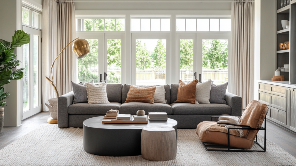 modern living room with gray sectional sofa, neutral pillows, floor lamp, and large windows