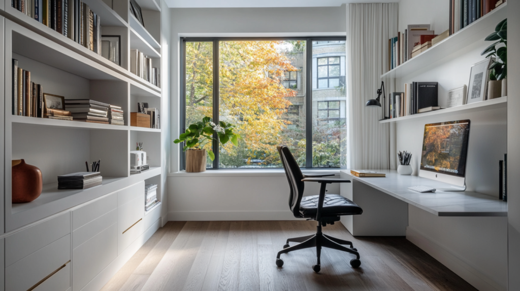 Modern home office with built-in bookshelves, large window, and minimalist white desk