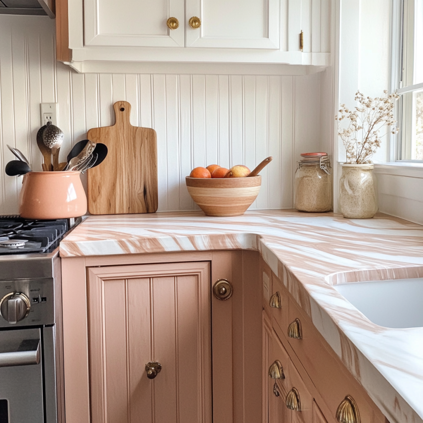 Soft pink kitchen with marbled quartz countertops and wooden accessories