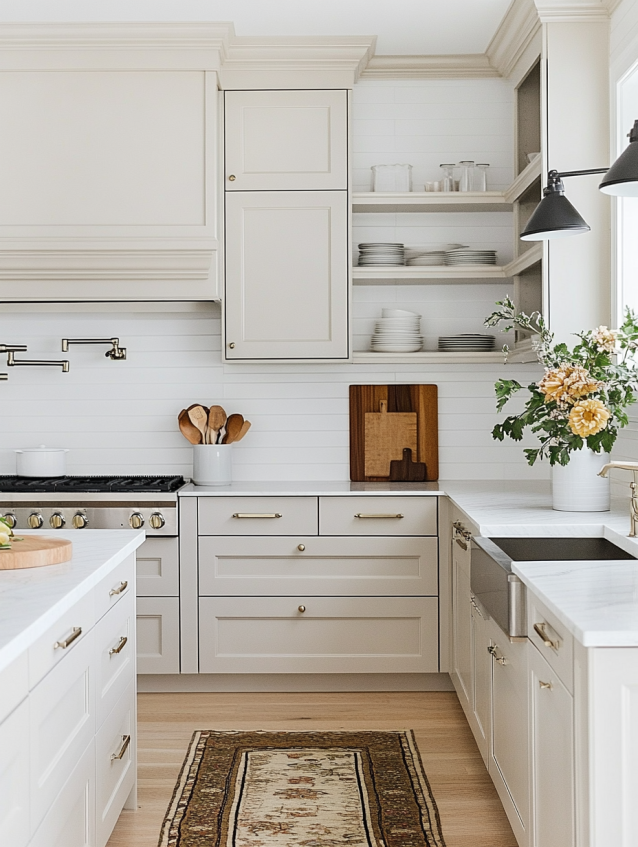 Elegant small kitchen with white cabinetry, marble countertops, and vintage-inspired décor elements for a charming, inviting atmosphere.