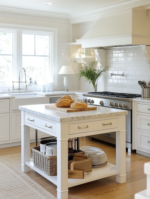 Bright, airy small kitchen with white cabinets, a marble countertop island, and natural light. Ideal for creating a spacious, minimalist design.