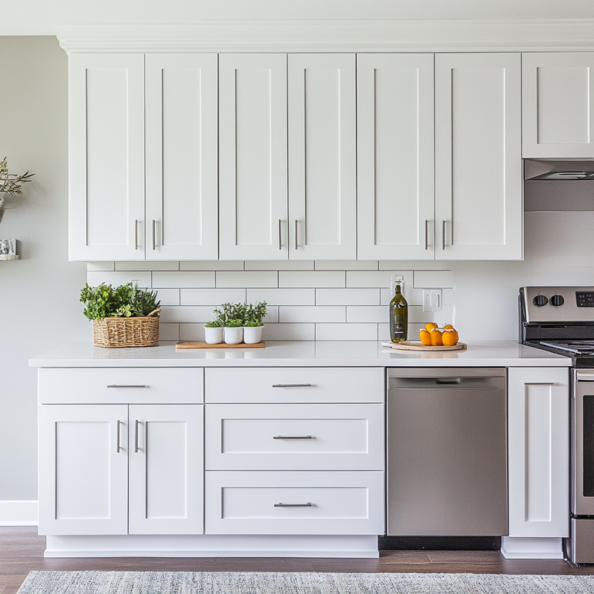 Bright kitchen with white Shaker cabinets, stainless steel appliances, and simple countertop with plants and decorative items.