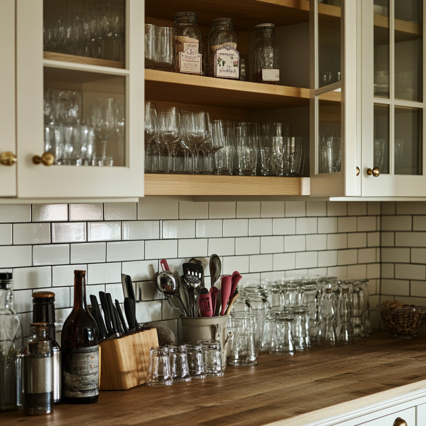 White Shaker cabinets with glass fronts and open shelving, displaying glassware and kitchen essentials.