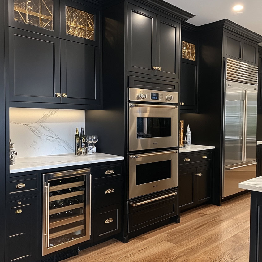 Luxurious black kitchen cabinets with marble countertops and wine cooler