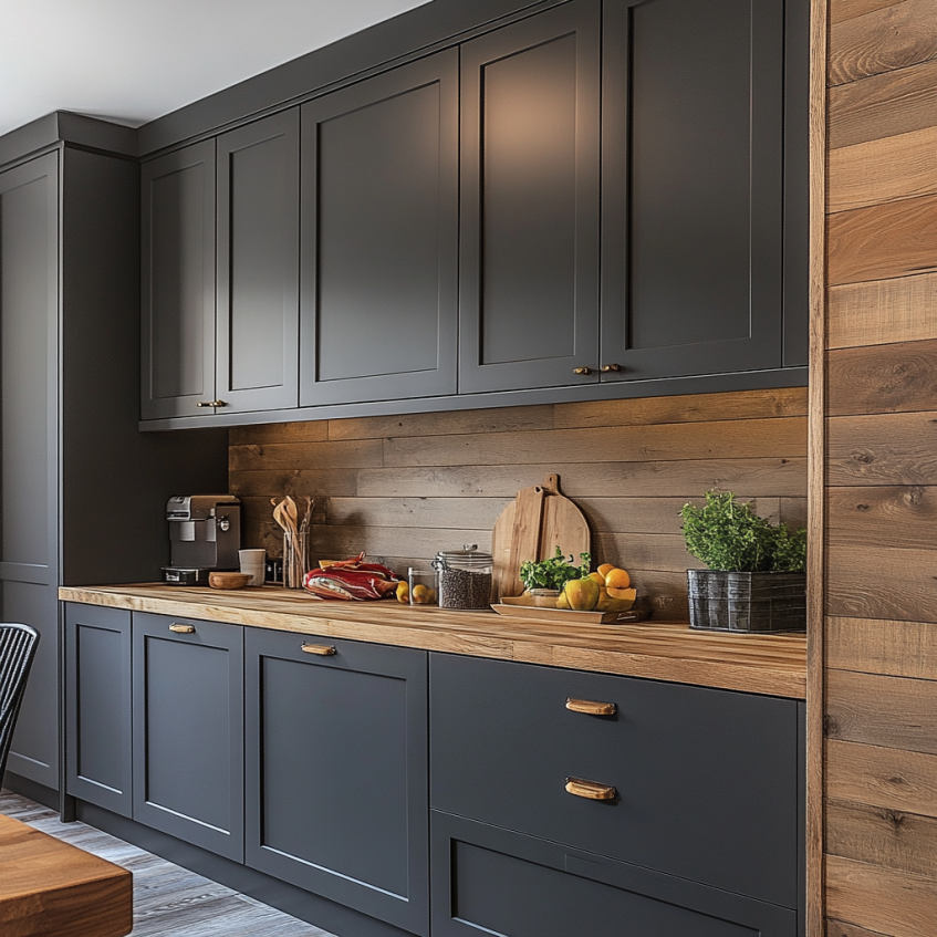 Modern kitchen with dark gray Shaker cabinets, wood countertop, and natural wood wall panels.
