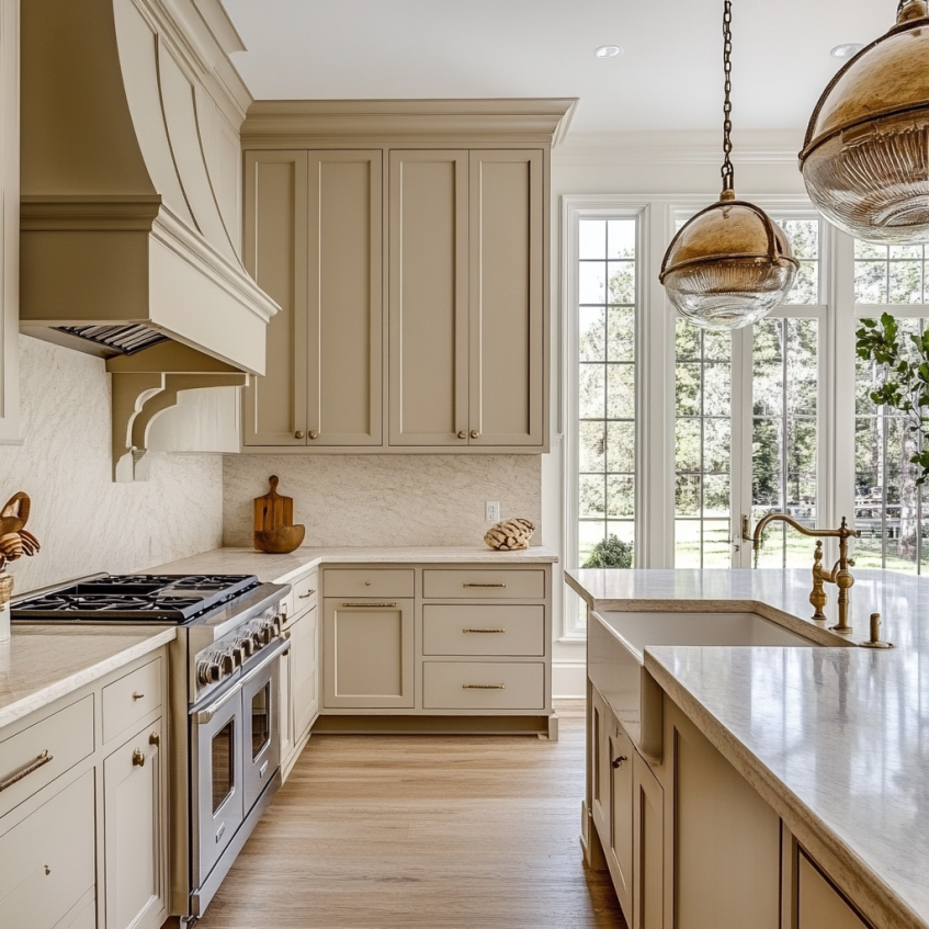 Traditional beige kitchen with natural stone countertops and warm pendant lighting