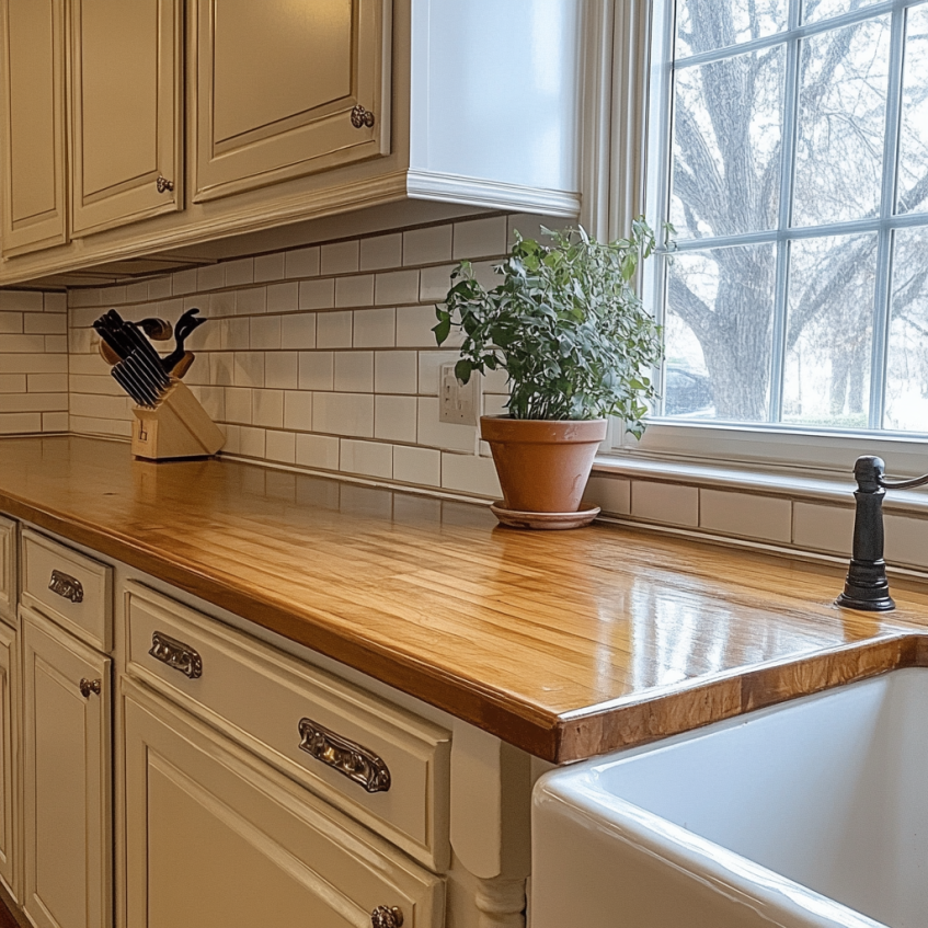 Beige kitchen with wooden countertops and white tile backsplash