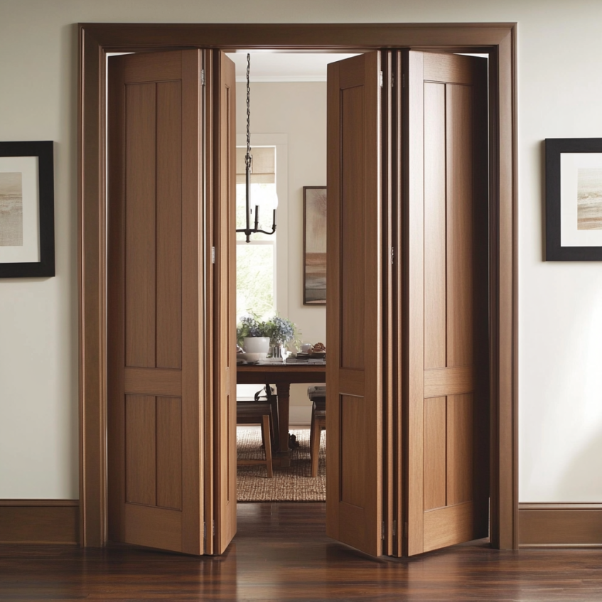 Elegant wooden panel folding doors that create a stylish partition in a living room, offering a blend of classic design with modern function.