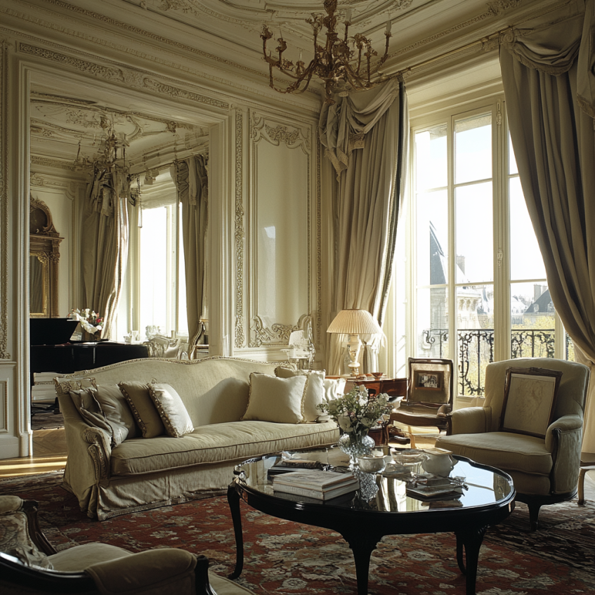 Elegant French Parisian living room with ornate wall molding, vintage chandelier, and plush furniture