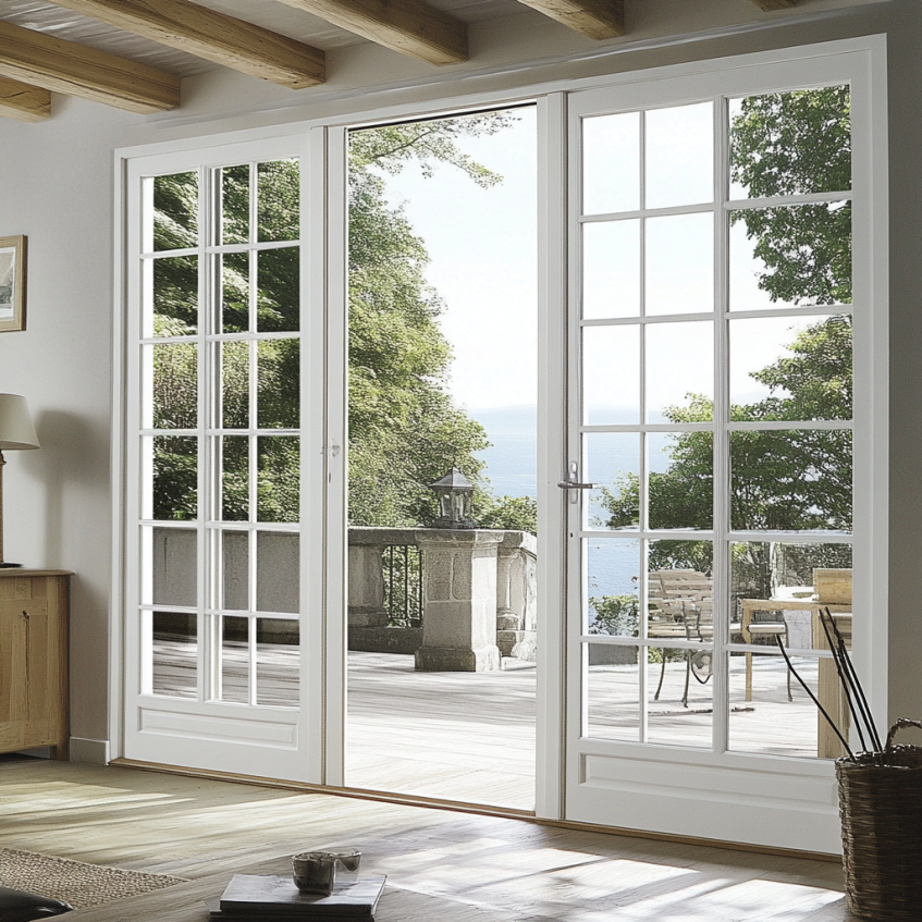 French doors with large glass panels, opening up to a lush garden view in a contemporary living room.
