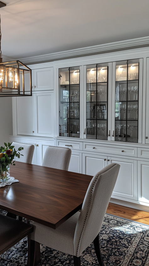 White built-in dining room cabinet with glass doors, interior lighting, and storage drawers beneath a dark wood table