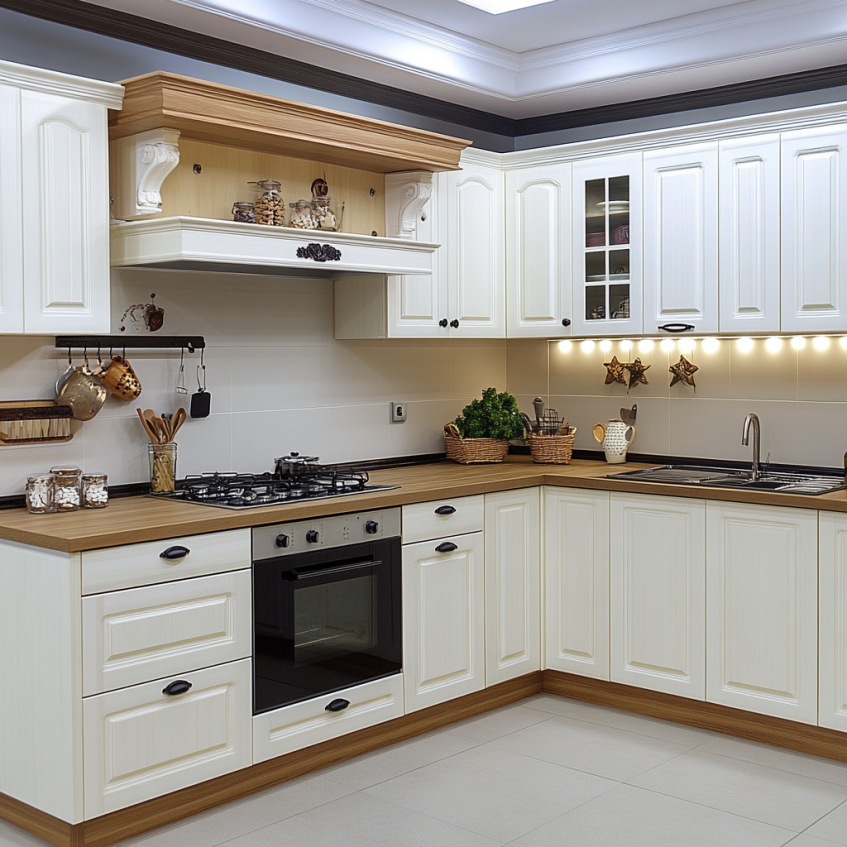 White RTA kitchen cabinets with wood accents, modern lighting, and black appliances for a clean and functional kitchen design.