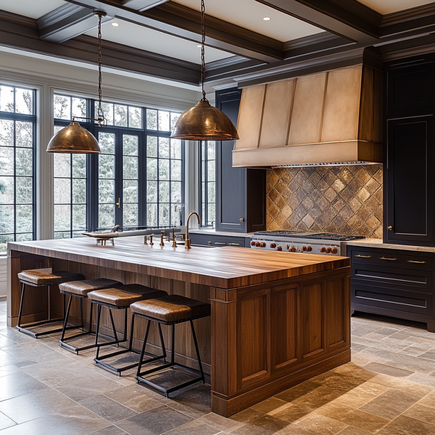 Luxury kitchen with a classic wood island, bronze light fixtures, and tiled backsplash in a traditional style.