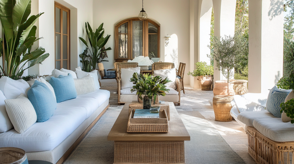 Mediterranean patio with white seating, blue pillows, wicker furniture, and lush greenery
