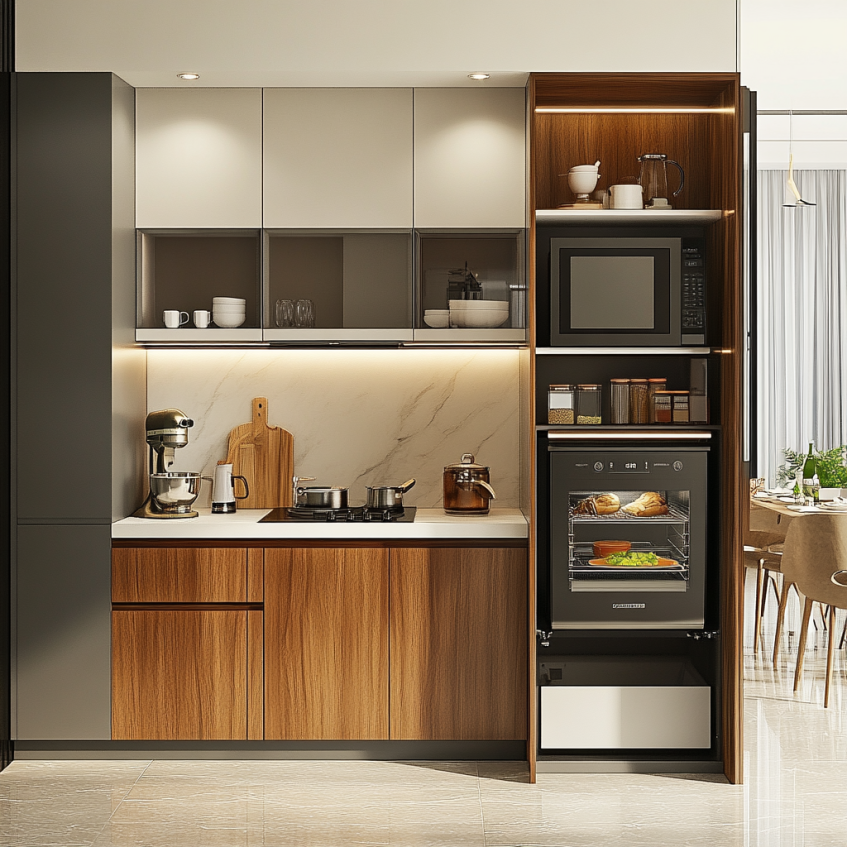 Compact small kitchen with wood-tone cabinetry, multifunctional built-in appliances, and effective storage solutions, perfect for modern homes.