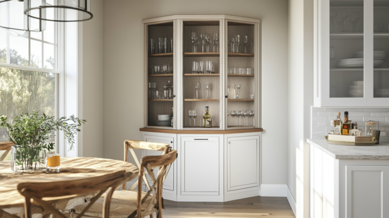 Modern three-panel corner display cabinet with wood accents and glass shelves in a dining area