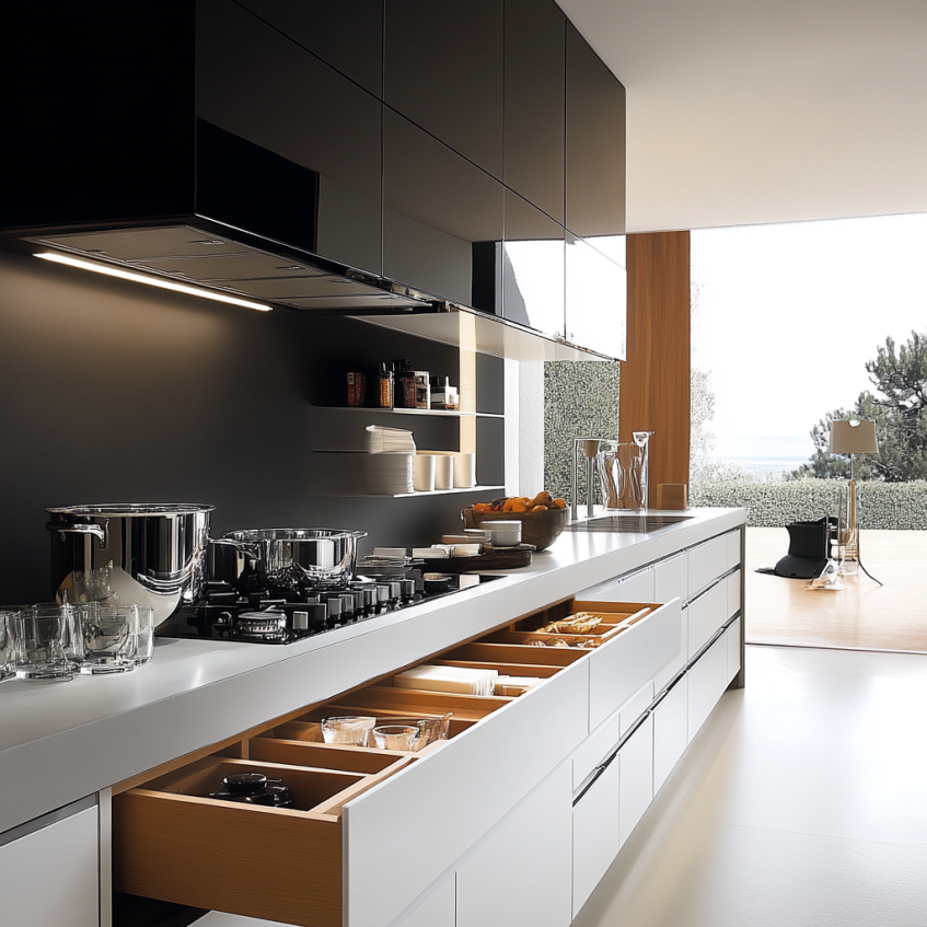 A contemporary kitchen featuring glossy black upper cabinets, sleek white drawers with wooden dividers, and an open shelving system.