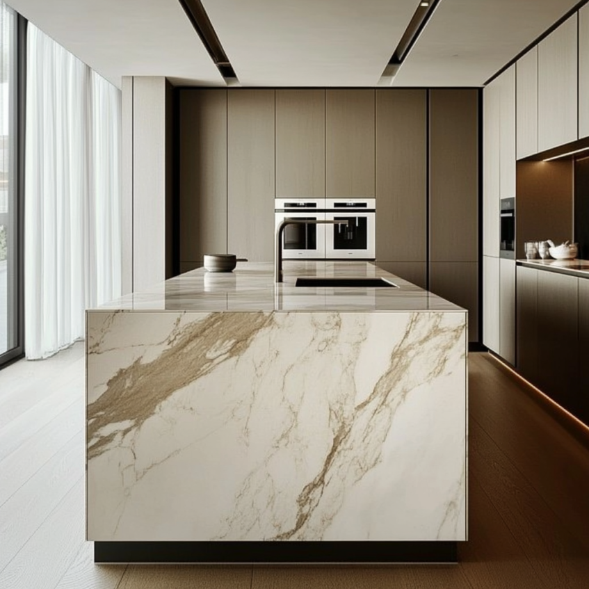 Luxury kitchen with a marble island, modern cabinetry, and high-end appliances seamlessly integrated into the design.