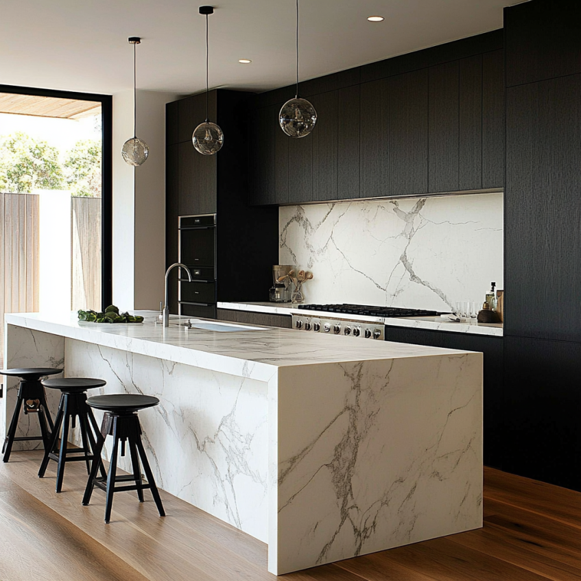 Elegant modern kitchen with a marble island and dark cabinetry, complemented by sleek lighting.
