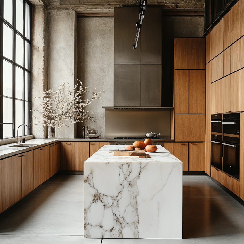 A stylish kitchen with a large marble island, wood cabinetry, and an open layout for a contemporary design.