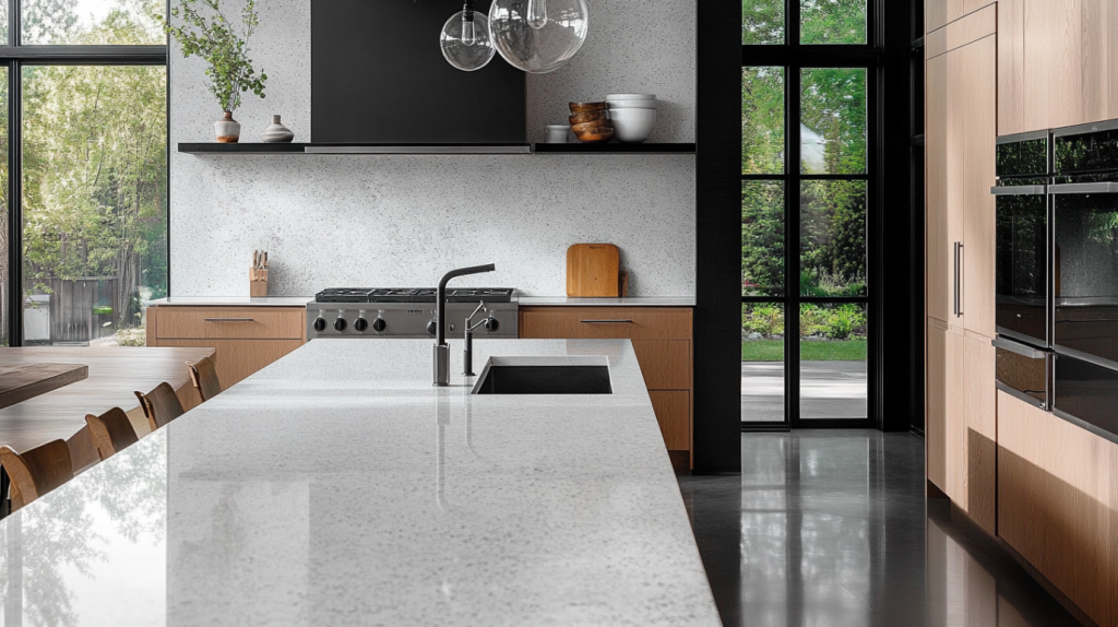 Contemporary kitchen with porcelain countertops, wood cabinets, black fixtures, and floor-to-ceiling windows