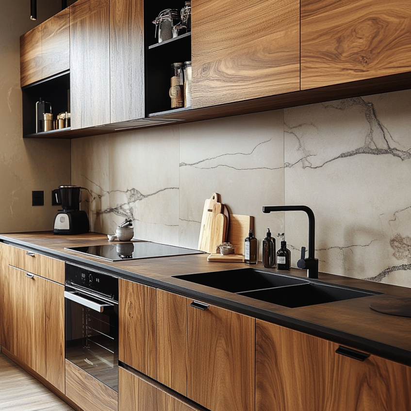 Modern kitchen with walnut cabinetry, black accents, and a sleek design, featuring a marble backsplash and high-end appliances, perfect for contemporary kitchen spaces.