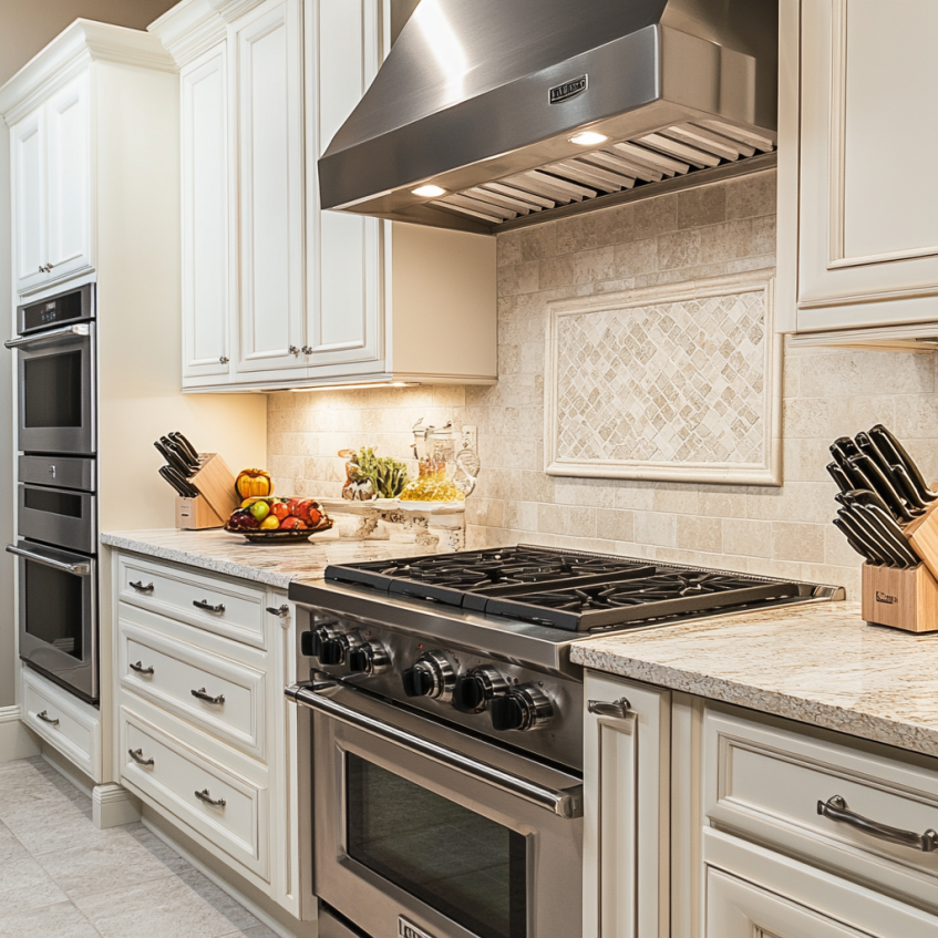 Modern kitchen with white cabinets, granite countertops, and stainless steel appliances