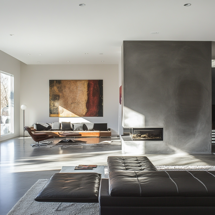 Minimalist living room with a gray feature fireplace, modern black leather seating, abstract wall art, and natural sunlight.