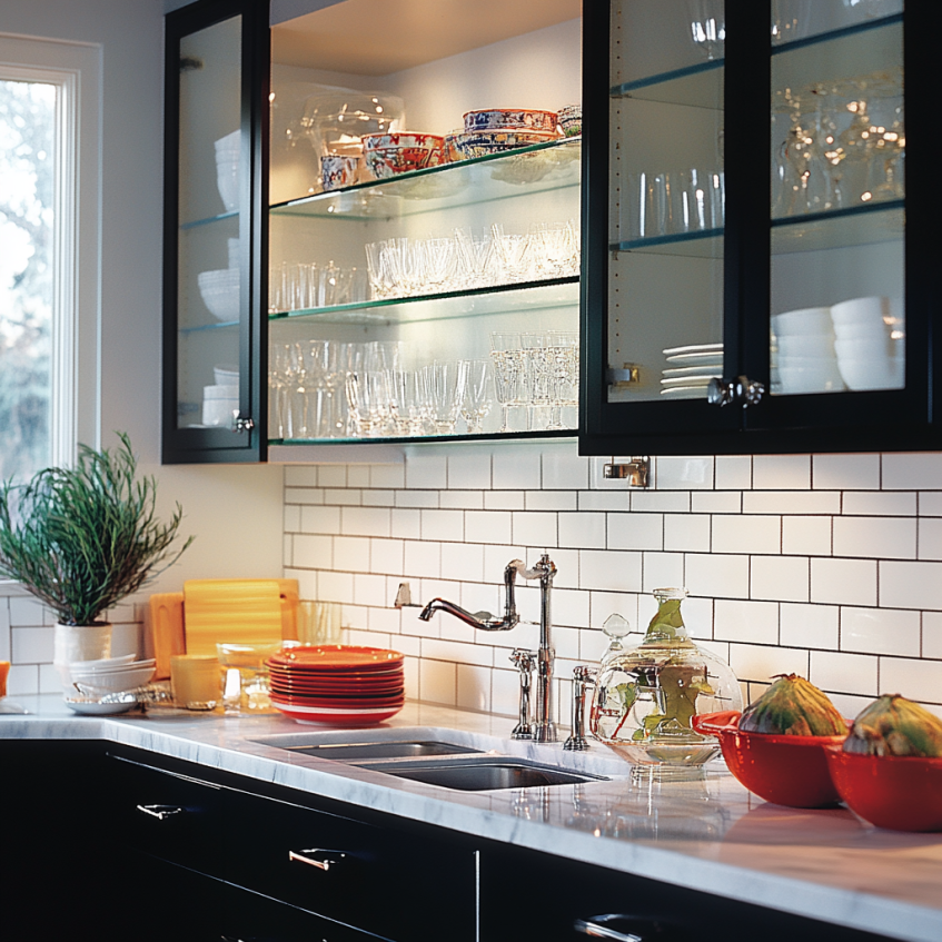 Luxury kitchen featuring black cabinetry, open shelving, and modern appliances in a spacious layout with a marble countertop.