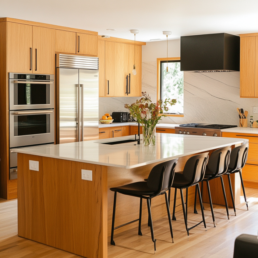 RTA kitchen featuring black cabinets, wood accents, and modern appliances.
