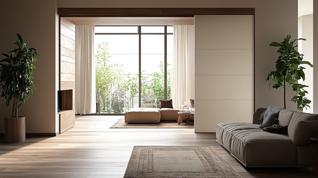 A contemporary sliding pocket door with horizontal panels, ideal for modern spaces.